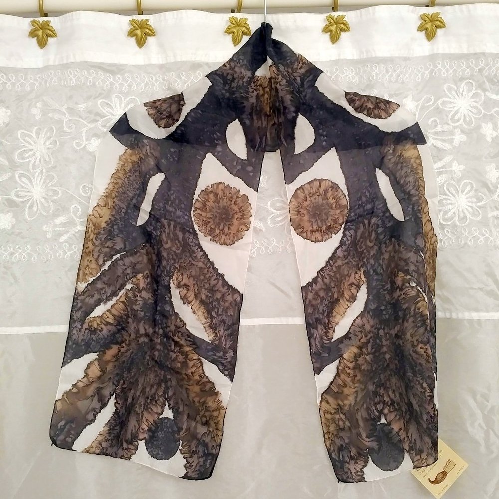 NWT Hand-Painted Silk Scarf, White, Brown & Black Watercolor